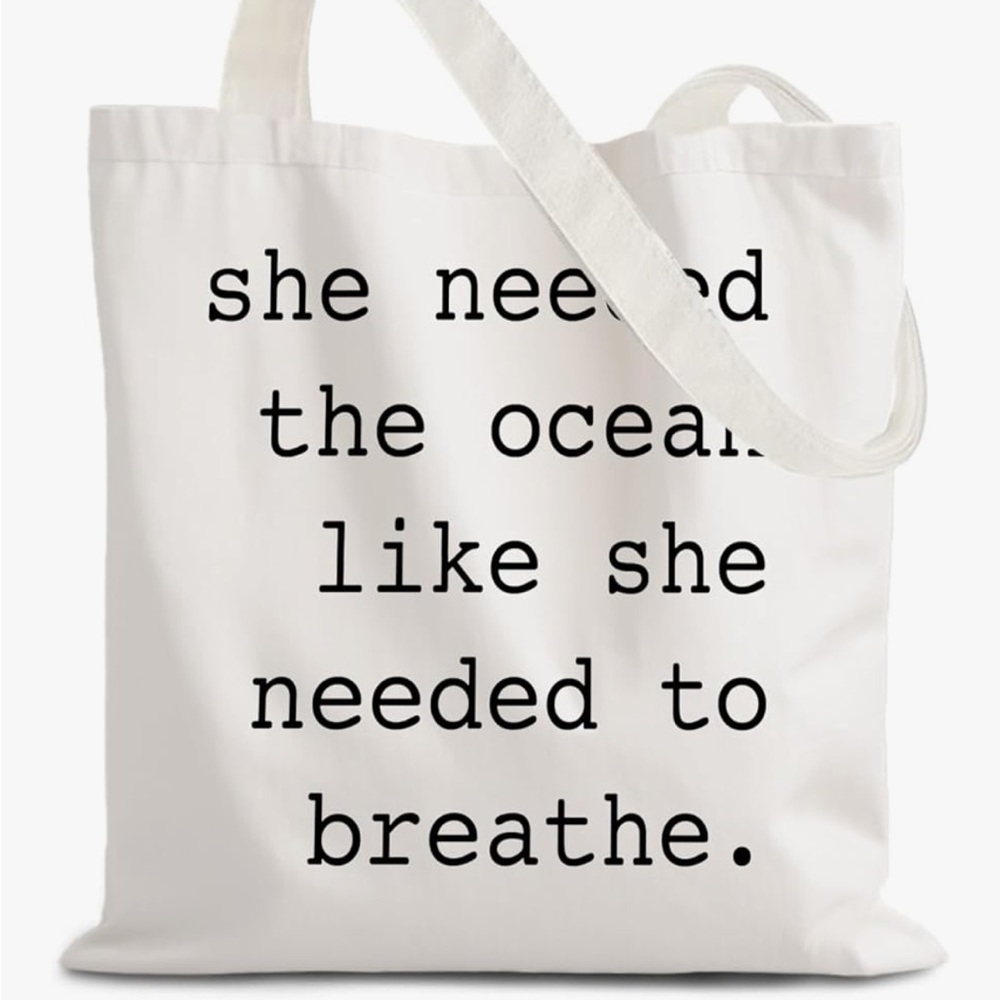 White Canvas Tote Bag with Beach Inspirational Text in Black